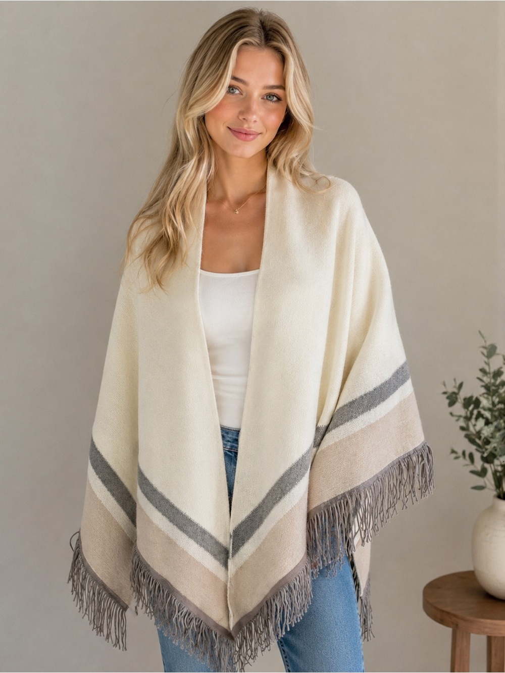 New! Chico’s One Size Ivory Gray Stripe Fringe Wrap Poncho Shawl 25522